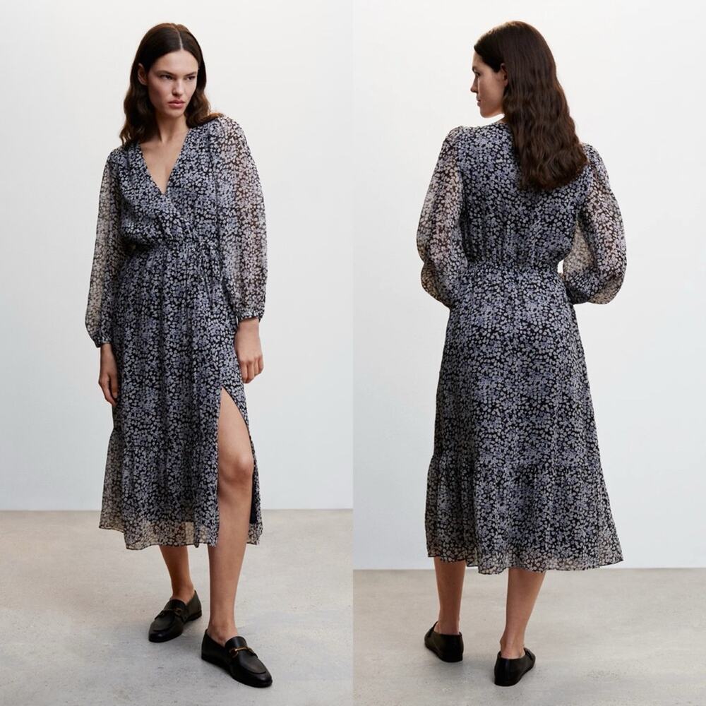 NWT Mango Floral Print Midi Dress Chiffon Blue Burgundy Surplice Bust 4XL